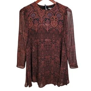 Ecote Brown Kilim Carpet Print Brown Chiffon Mini Dress XS Boho Goth Whimsigoth